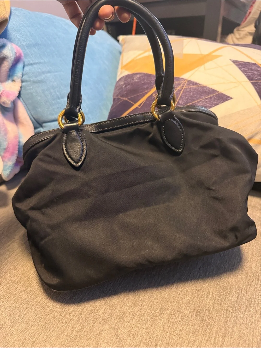 Prada Black Nylon Satchel with Gold Hardware and crossbody bag